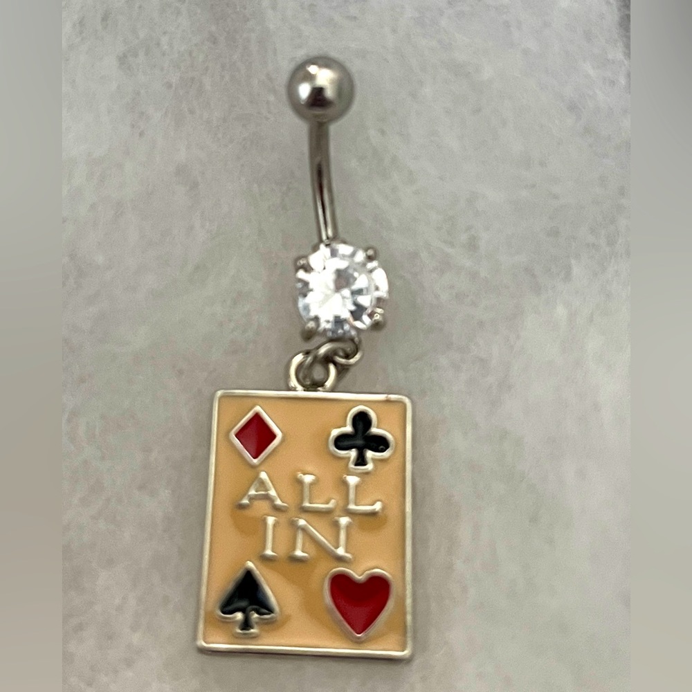 Poker All In dangle crystal belly button ring 14gauge stainless steel.